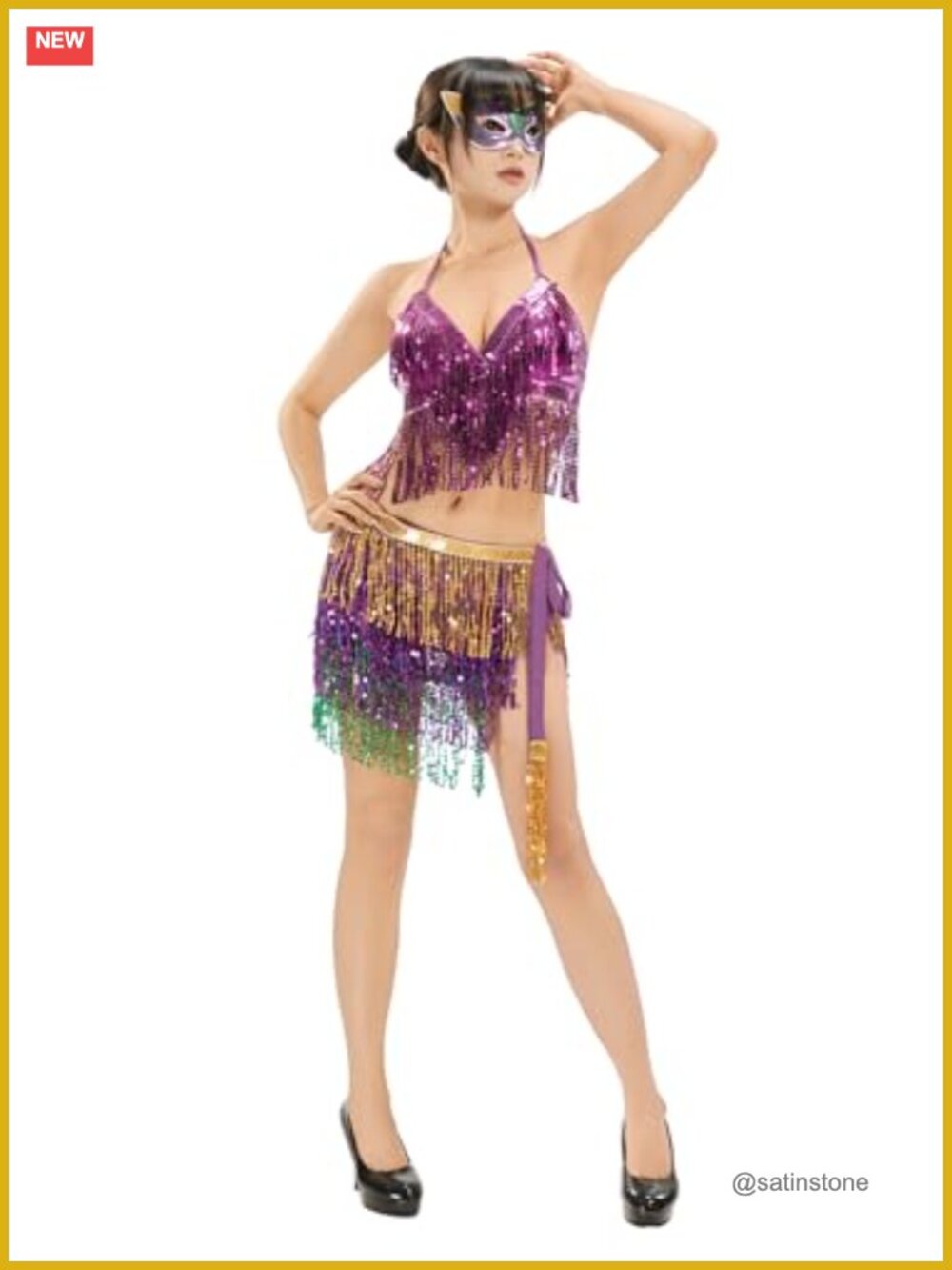 Sequin Costume Set Top Wrap Skirt Eye Mask Adjustable Mardi Gras Rave Belly